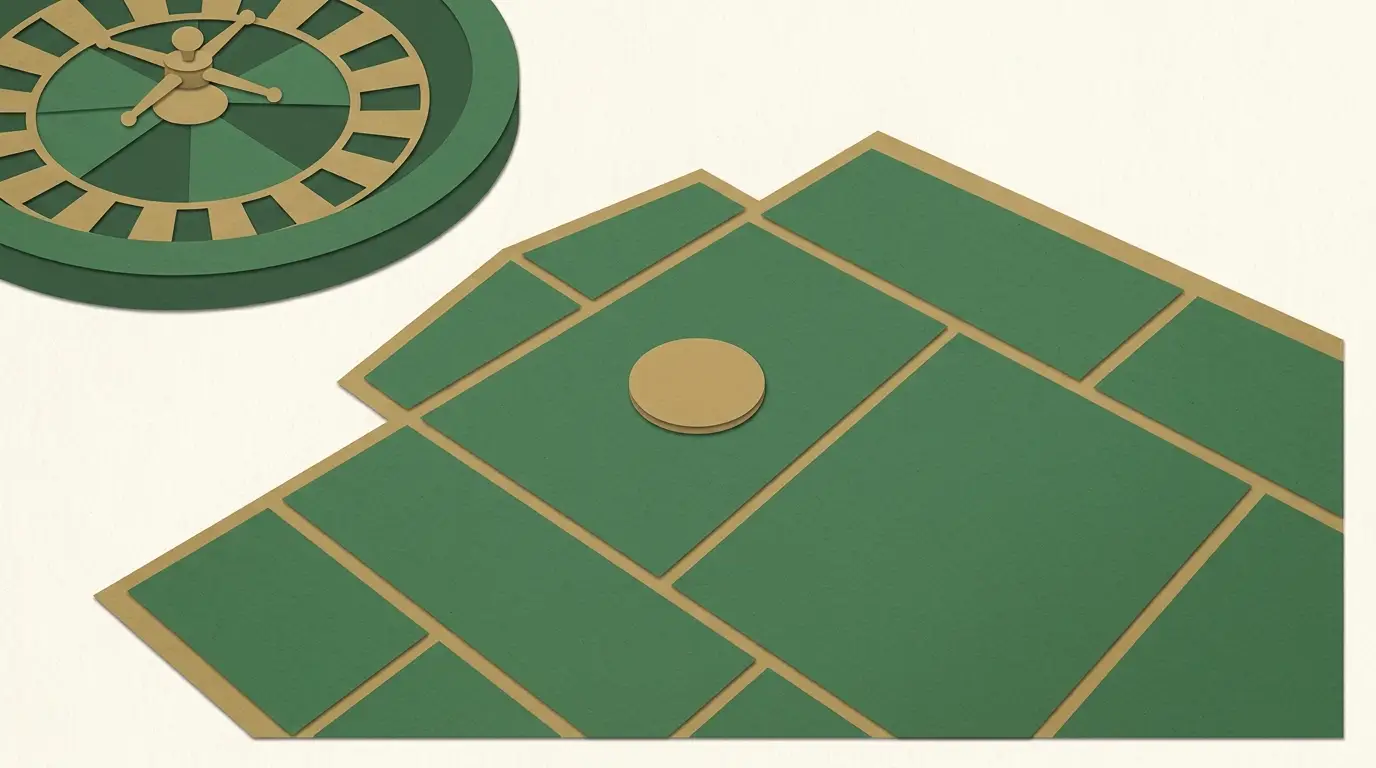 A simplified betting surface with broad contrasting grouped areas and a single plain chip straddling none of their edges