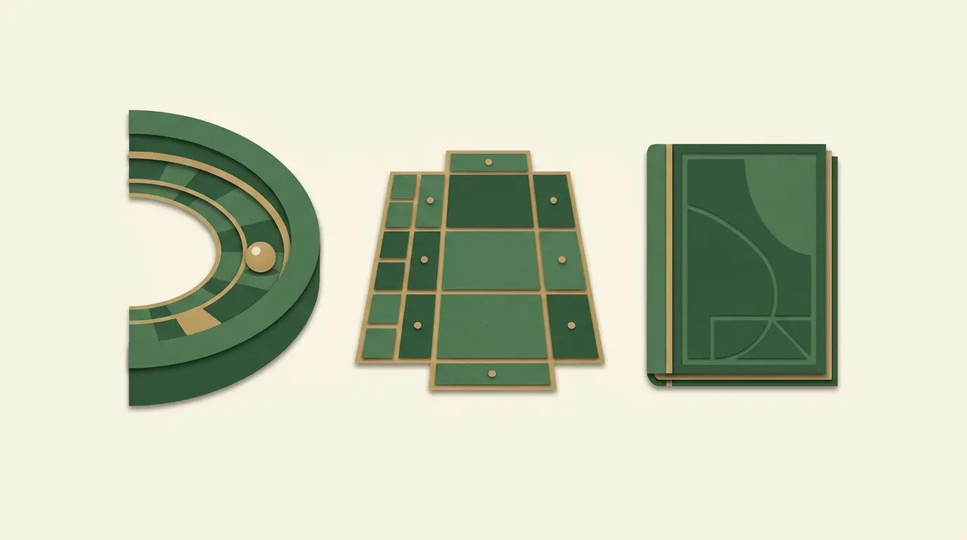 A cropped unnumbered roulette rim, a ball and a schematic betting surface of neutral grouped areas, with a rulebook beside them