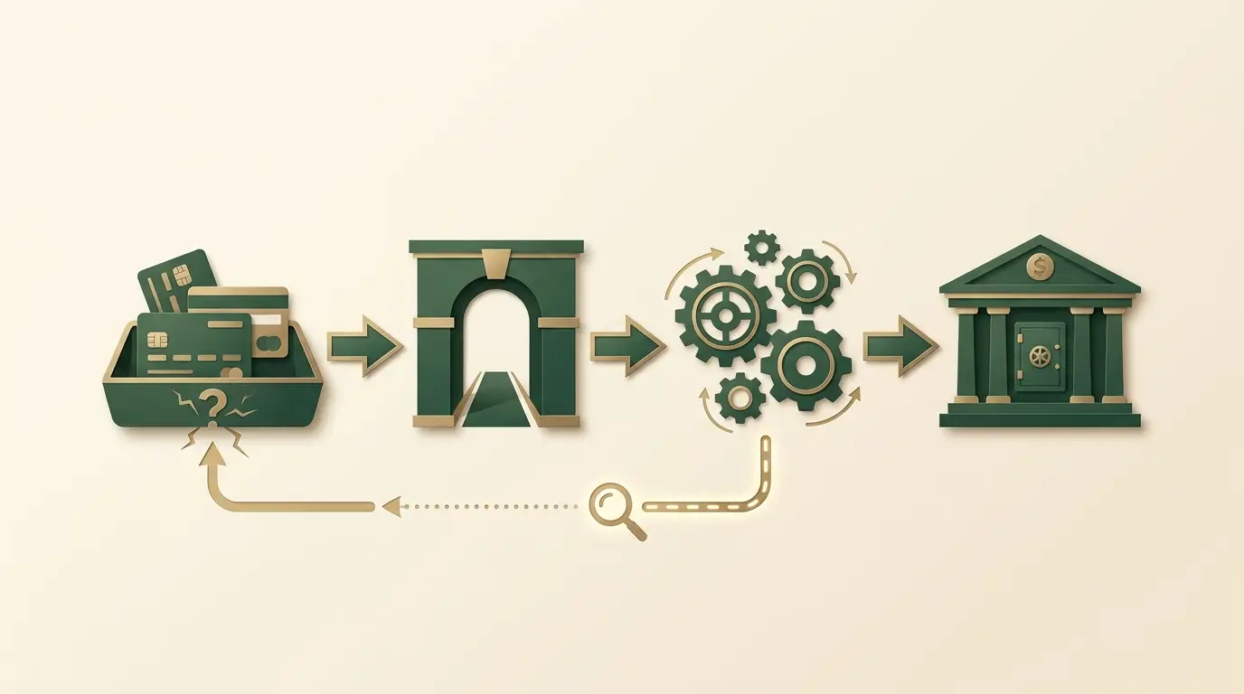 Four distinct nodes show account tray, gateway arch, processing gear and bank, connected by individual arrows