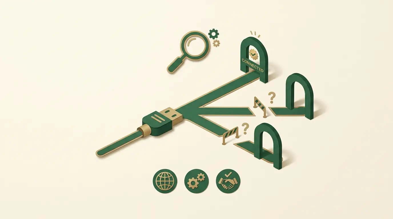 A newly attached payment connector leads toward separate market gateways, with only one visibly connected route