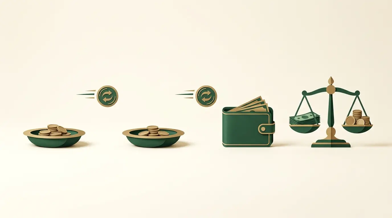 A transfer coin passes two separate fee dishes before reaching a wallet beside a currency-conversion balance scale