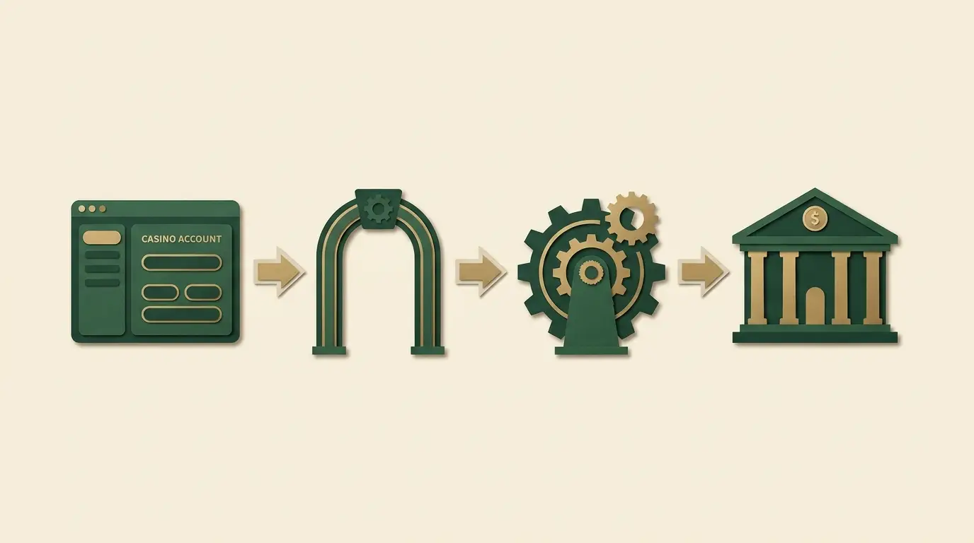 Casino account screen, payment gateway arch, processor gear and bank linked in separate spaced stages