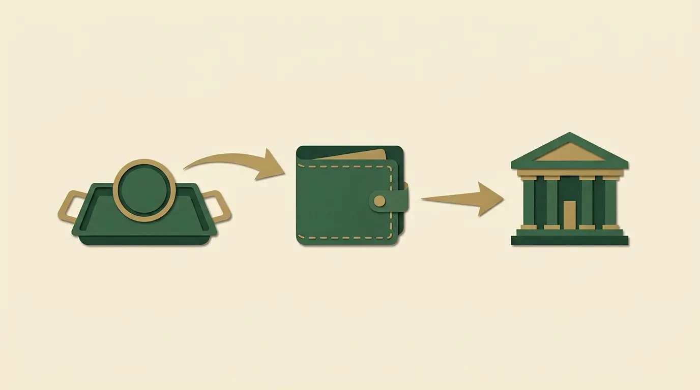 Casino account tray sends a coin to a central wallet, then a separate arrow points from wallet to bank