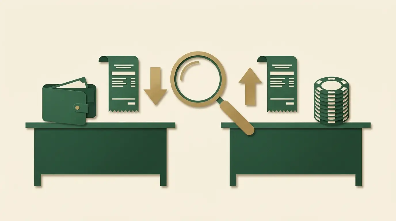 Wallet receipt and casino receipt on separate desks, with a magnifying glass over the gap between their transfer arrows