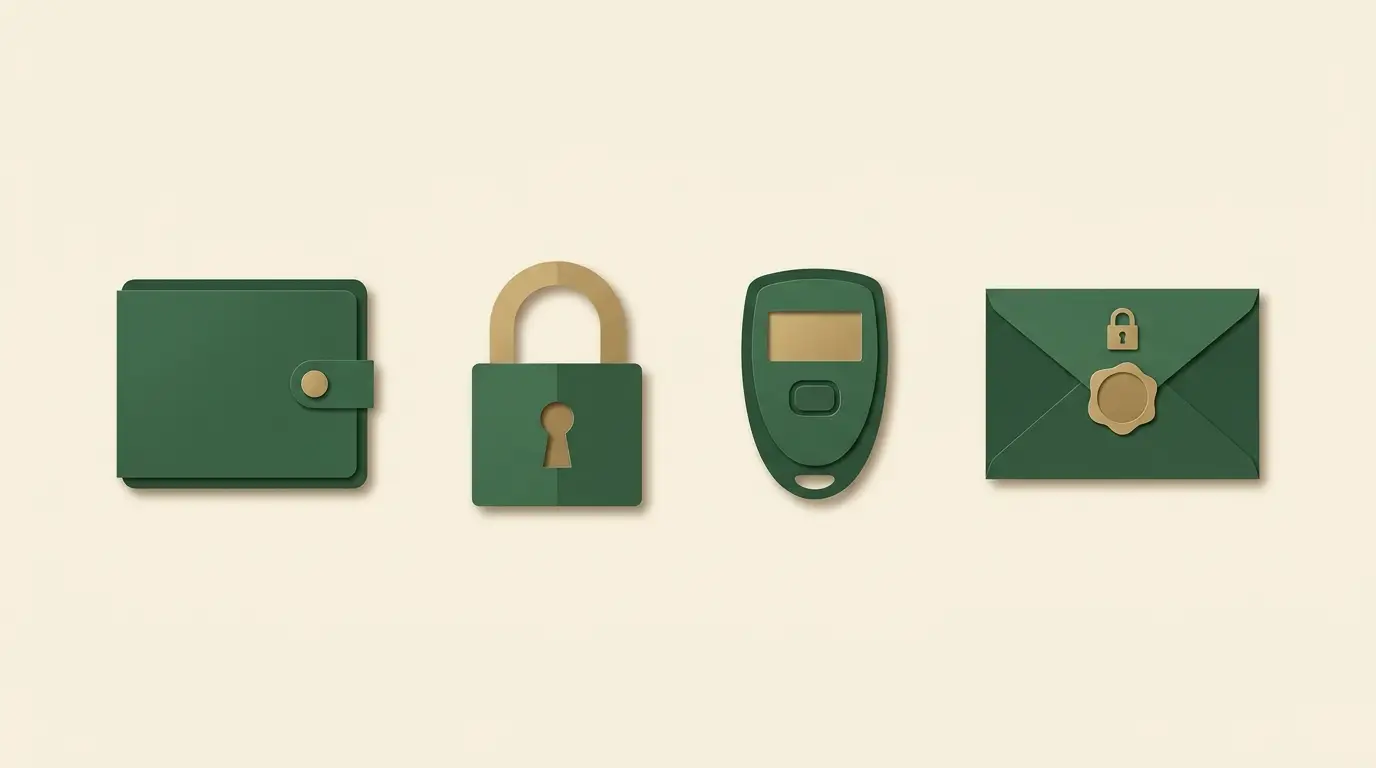 A closed wallet beside a padlock, a security token and a protected email envelope, all spaced apart