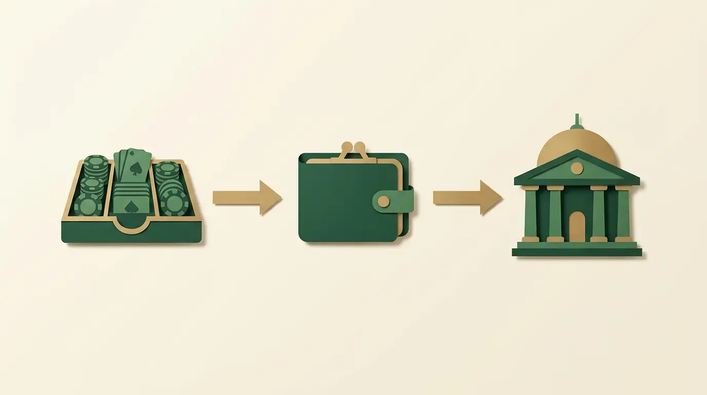 A digital wallet between a casino account tray and a bank, connected by two clearly separated transfer arrows