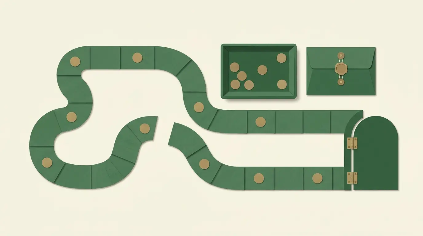 A partially completed qualifying-play track beside a diminished token tray and a fixed spending envelope