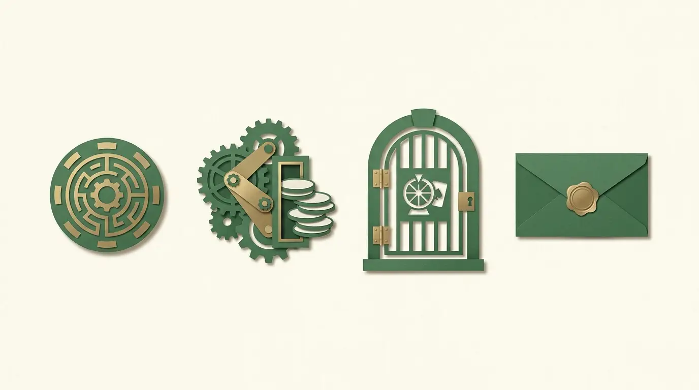 A patterned bonus token beside a mechanical qualifying-stake counter, a game-permission gate and a closed withdrawal envelope, arranged left to right