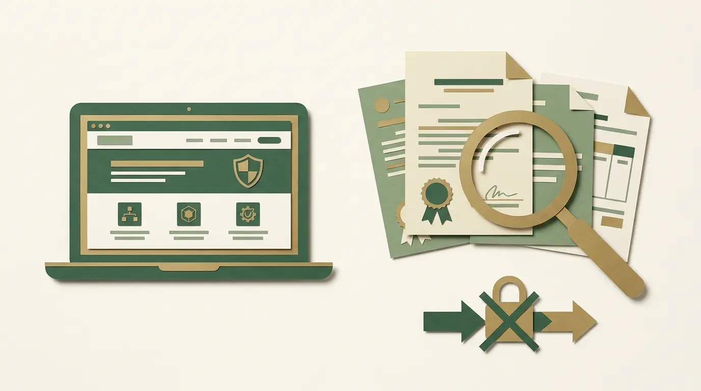 A polished laptop screen at left contrasted with mismatched operator documents and a blocked outward-payment route at right