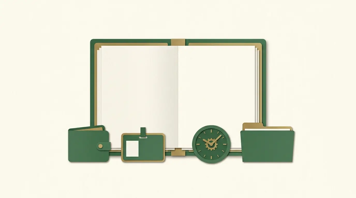 An open account contract with distinct wallet, identity-card, clock and complaint-folder objects set along its edge