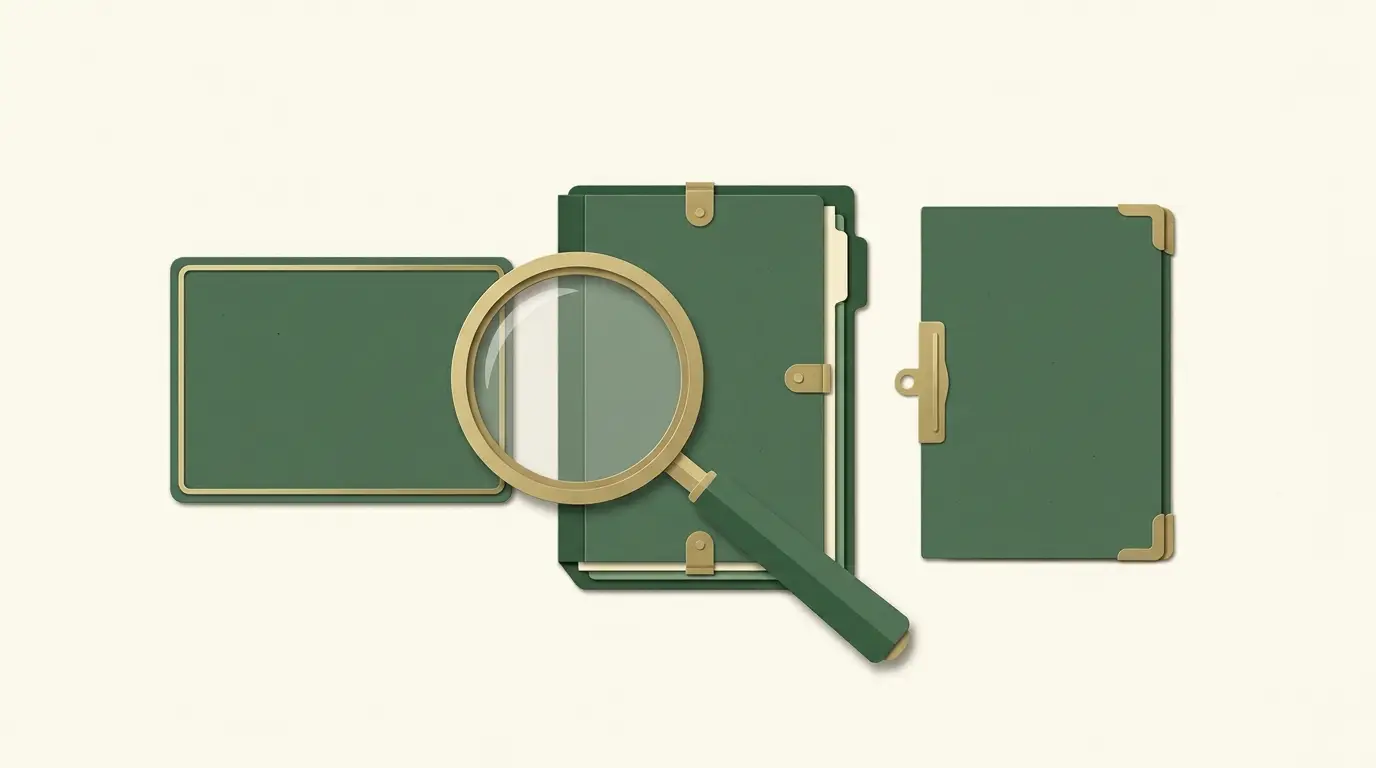 A magnifier checking a plain website-domain plaque against a regulator-register document and operator file, aligned on a restrained editorial desk