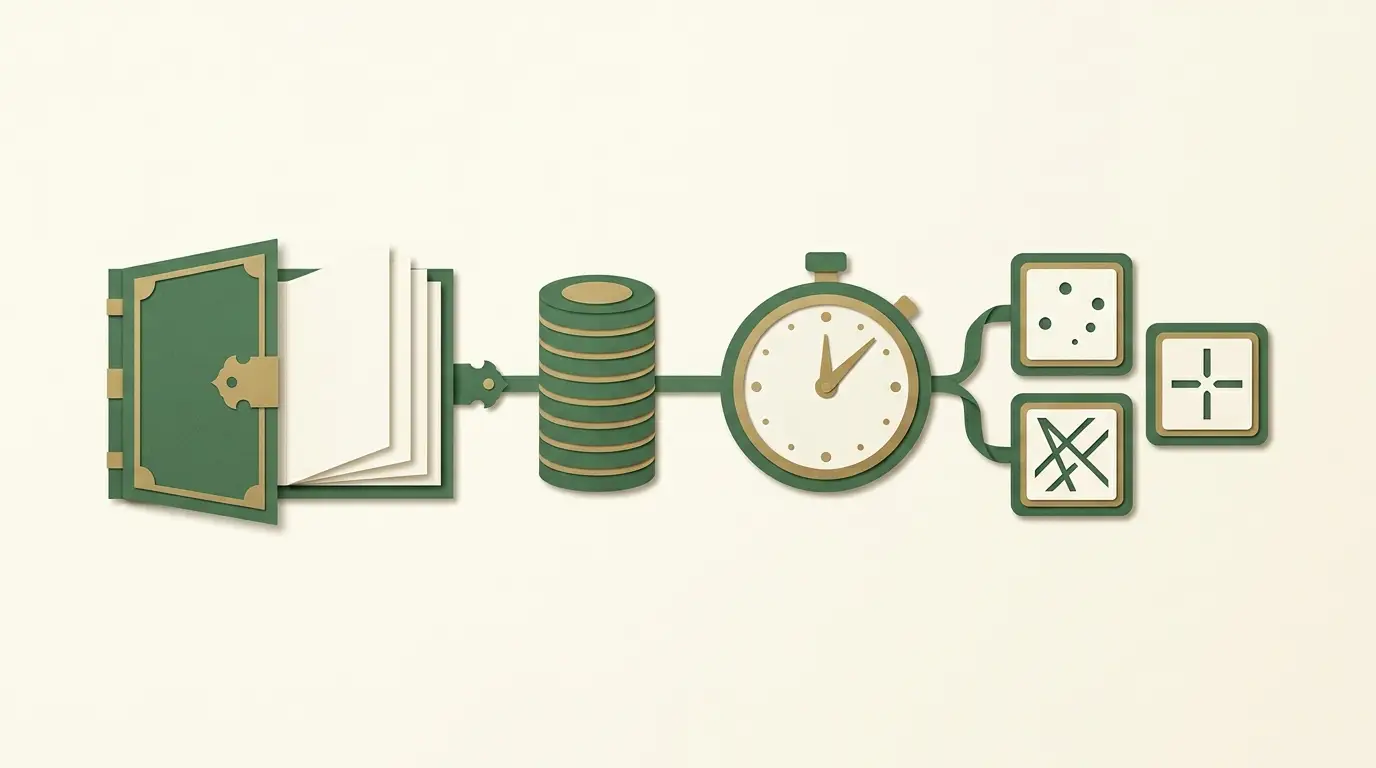 A return-information booklet beside independent controls represented by a stake stack, session timer and varied outcome tiles, all at equal visual.