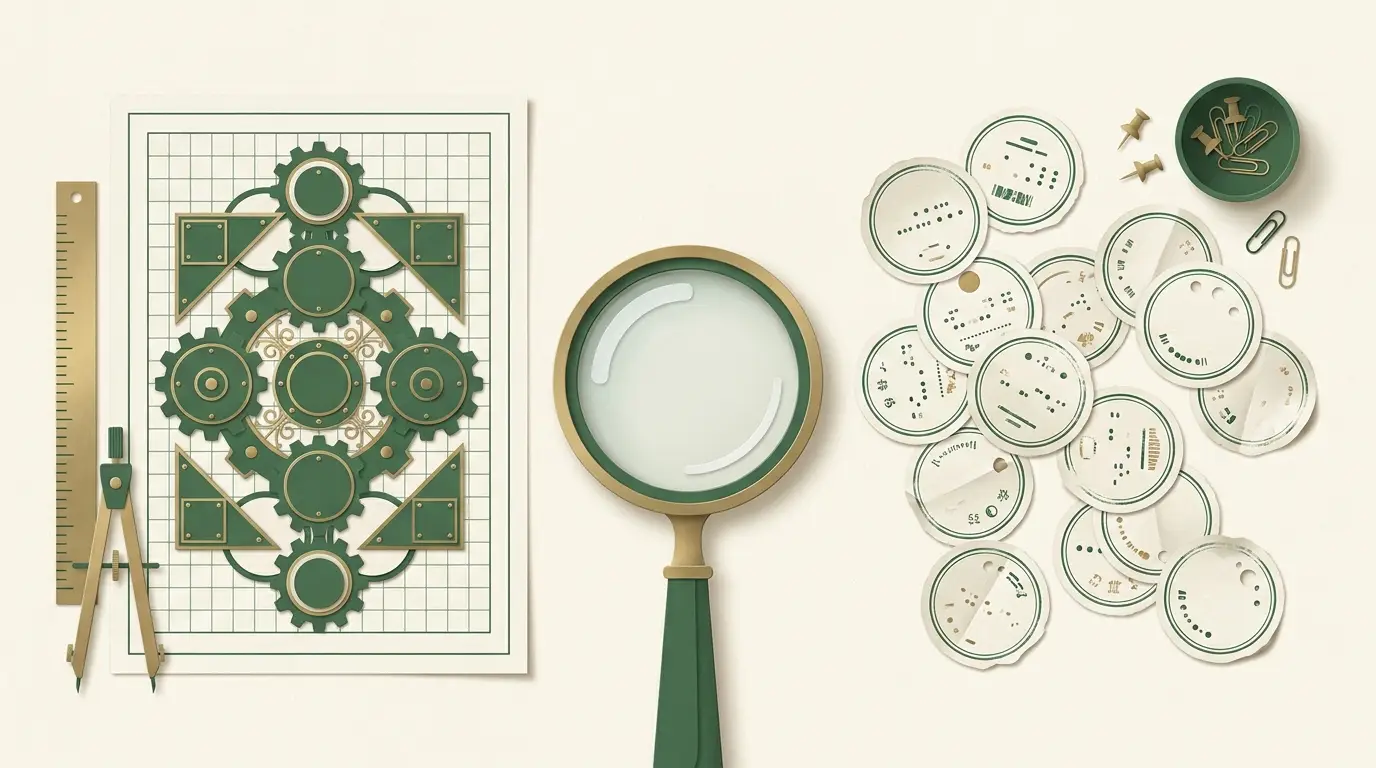 A precise geometric model on a drafting sheet at left and an irregular small collection of actual round receipts at right, separated by a magnifying lens