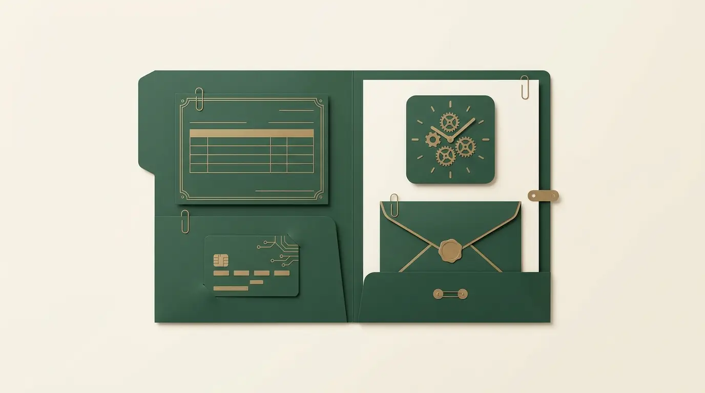 A folder neatly collects blank receipt, payment card, unnumbered clock tile and message envelope