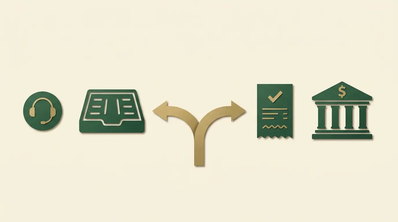 A routing fork directs an unsent payout tray toward operator support and a sent transfer receipt toward the receiving bank