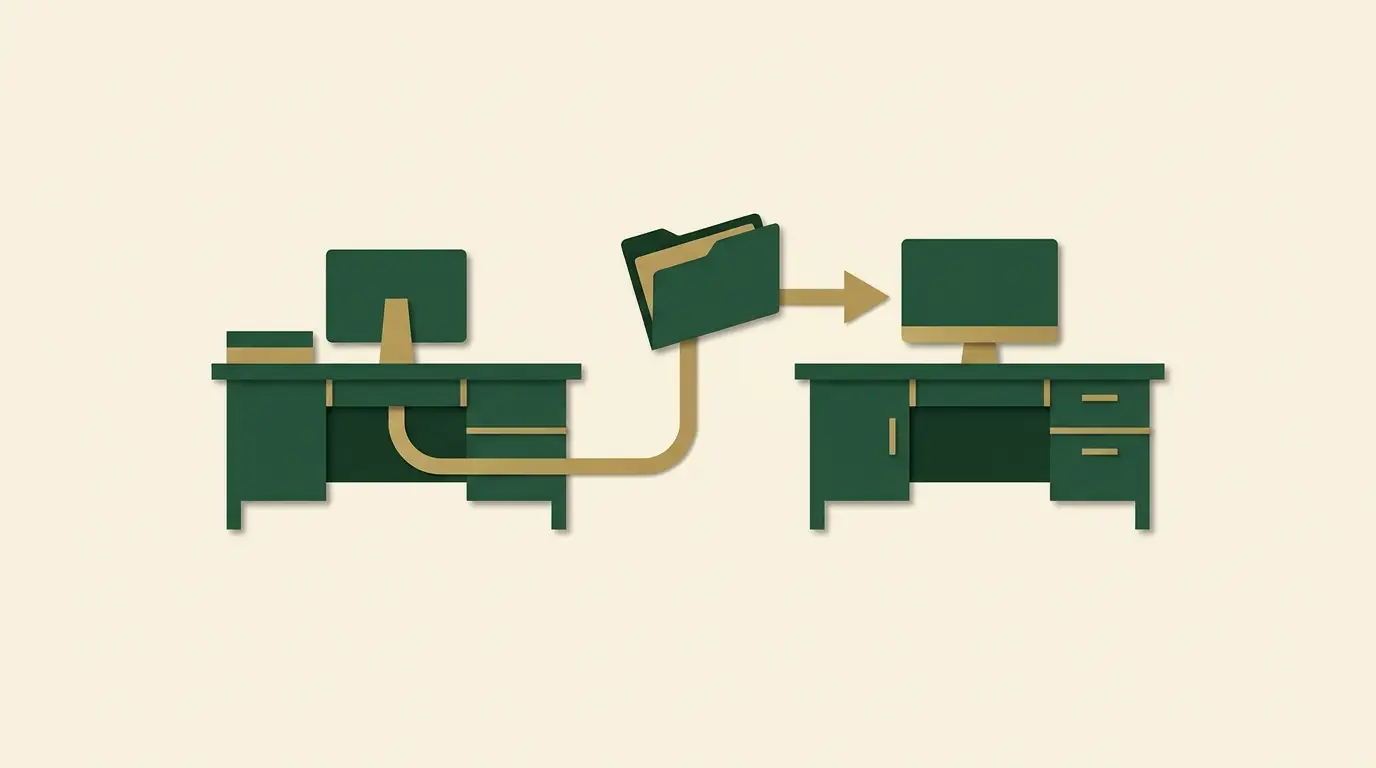 Complaint folder travels first to an operator desk and then along a clearly separated escalation path to a dispute desk