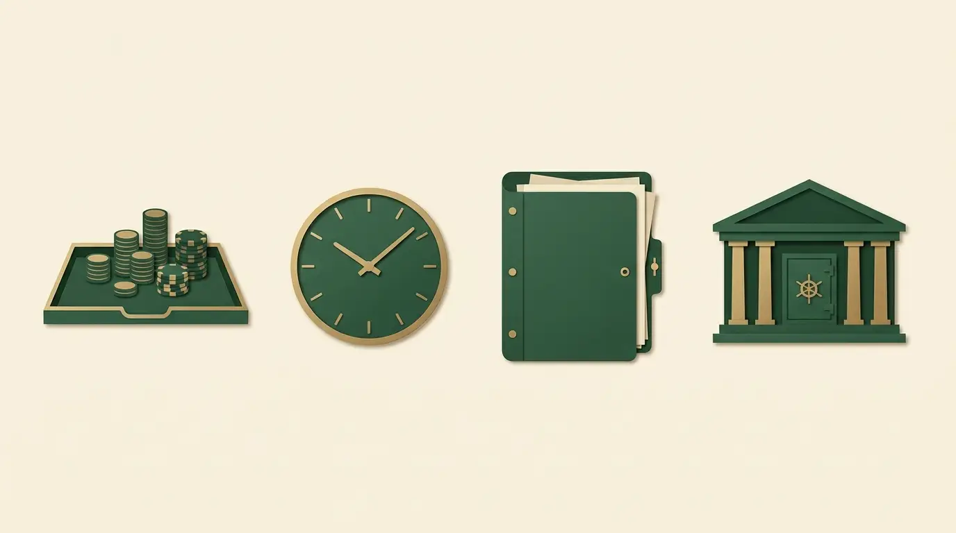 A payout tray with an unnumbered clock beside an organised evidence folder and receiving bank