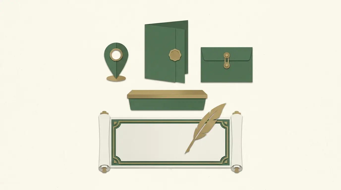An invitation card, location marker and deposit envelope arranged before a capped reward tray, with a blank contract anchoring the scene