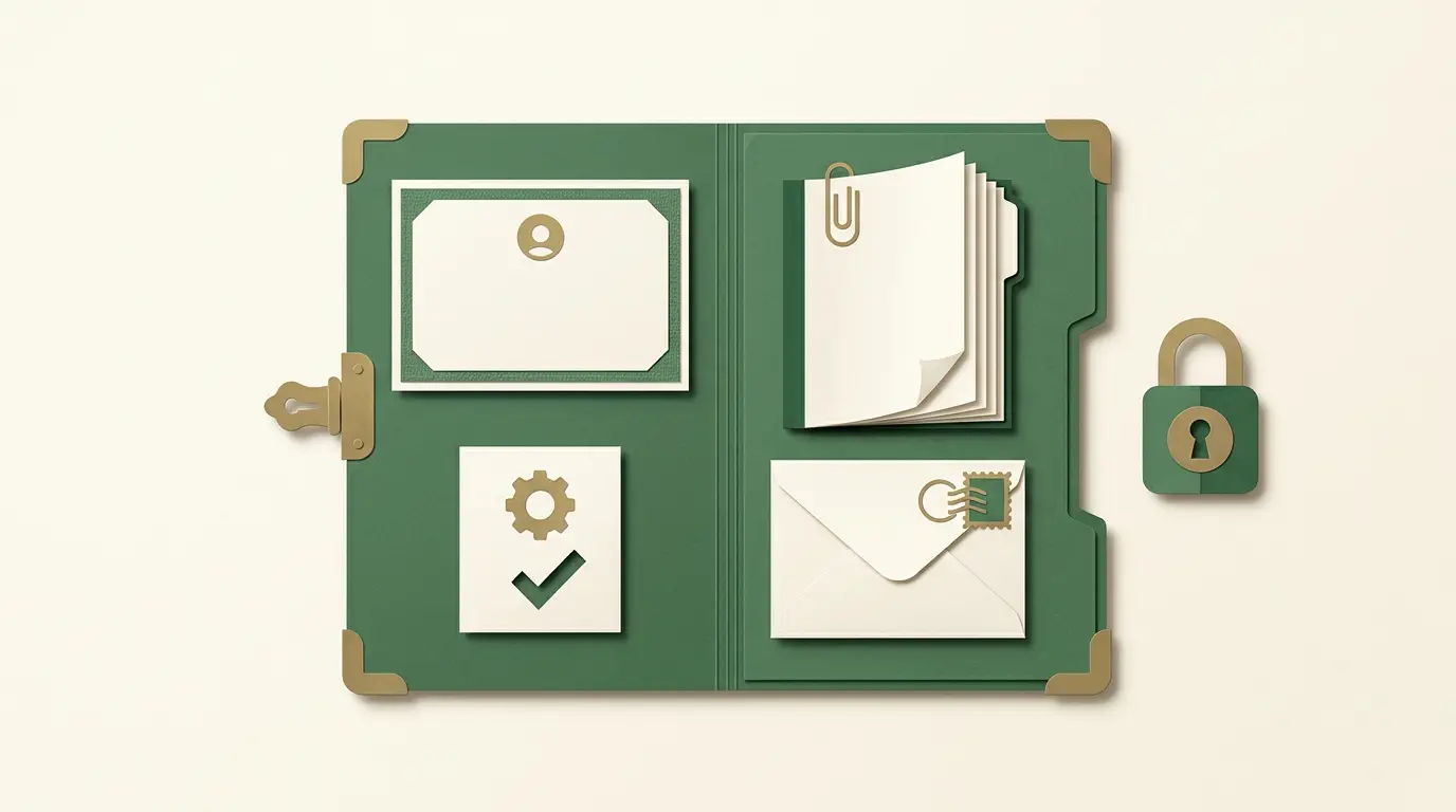 A tidy evidence folder collecting a plain advertisement card, complete terms booklet, activation receipt and message envelope, with a privacy lock nearby