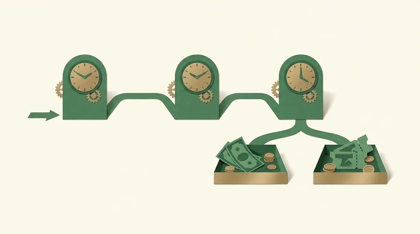 Three separated clock checkpoints along an offer route, followed by cash and promotional trays that remain physically distinct