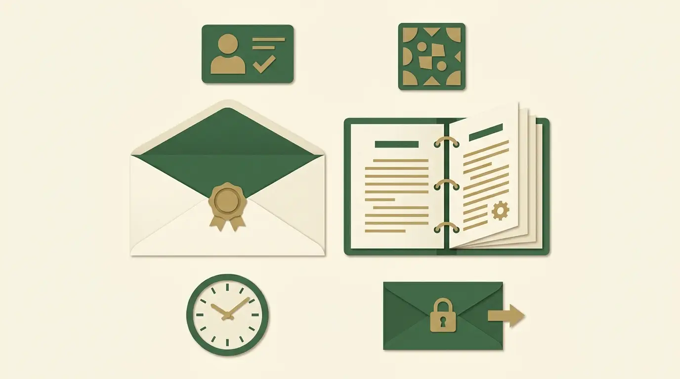 A plain promotional envelope opened beside a structured rules booklet, surrounded by eligibility card, game tile, clock and withdrawal envelope