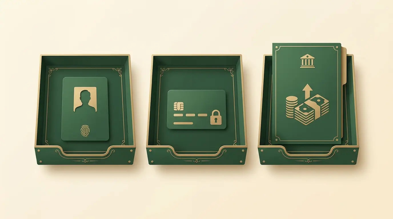Three separate document trays containing a blank identity card, bank ownership card and money-origin folder; no portraits