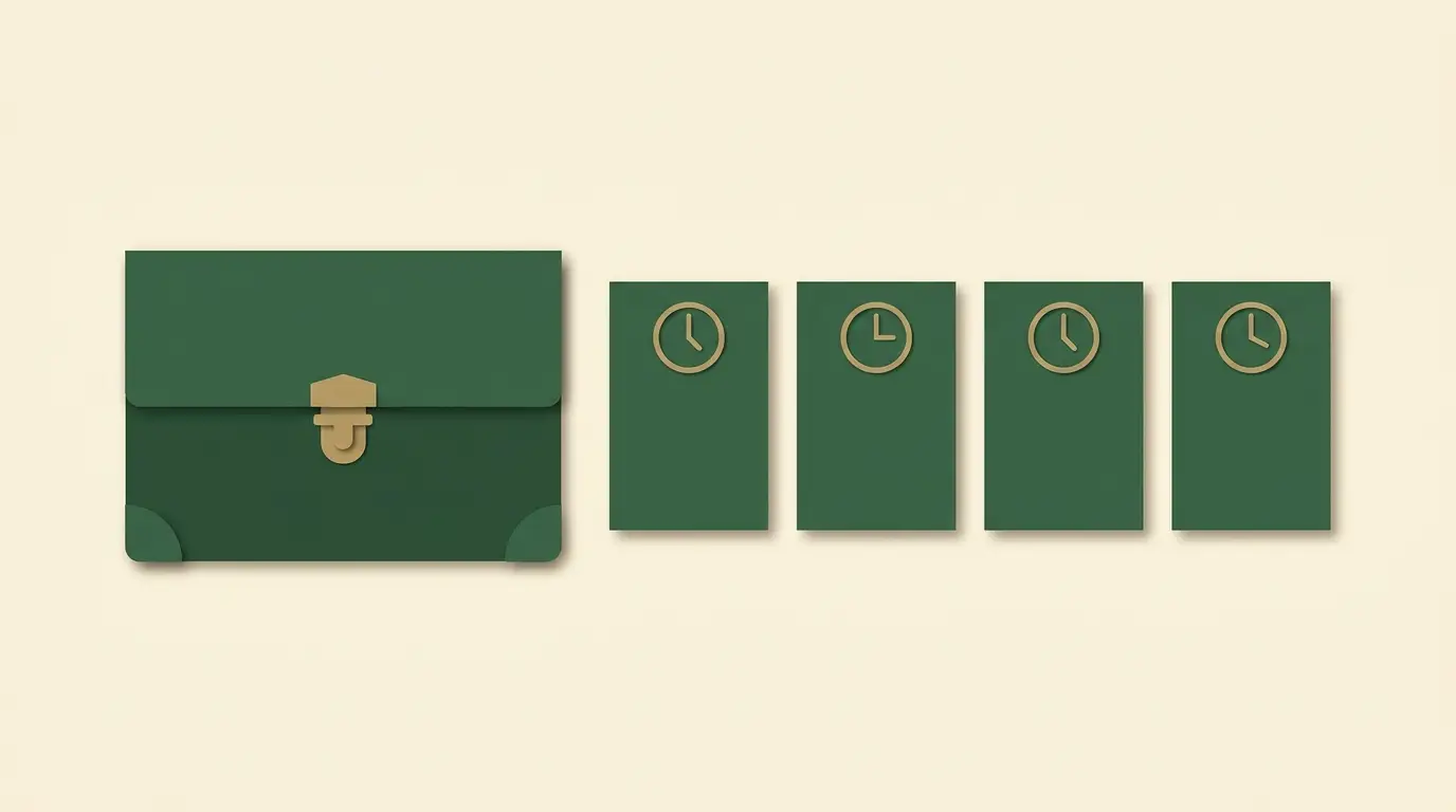 A closed private document folder beside a separate timeline of blank receipt cards with unnumbered clock icons