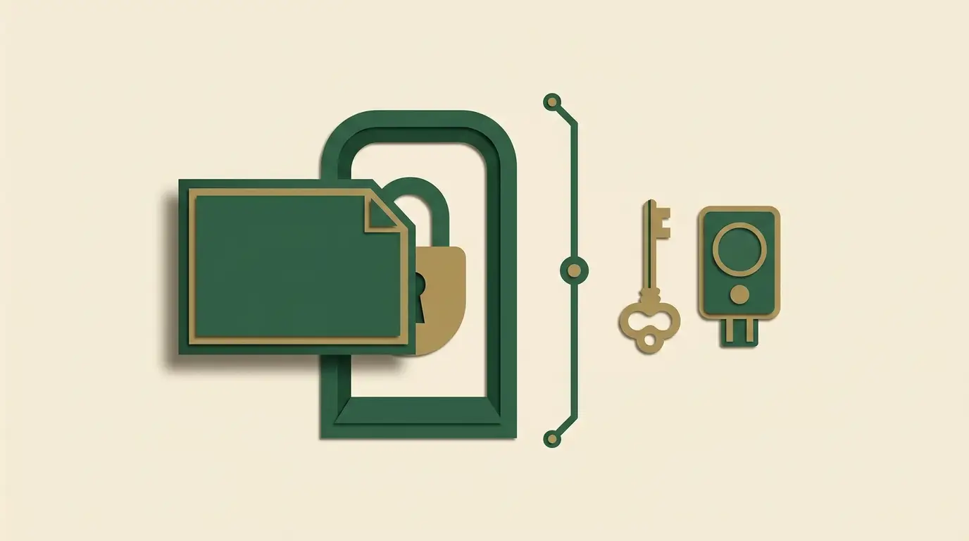 A blank document entering a locked upload portal; a key and security token remain outside behind a protective boundary
