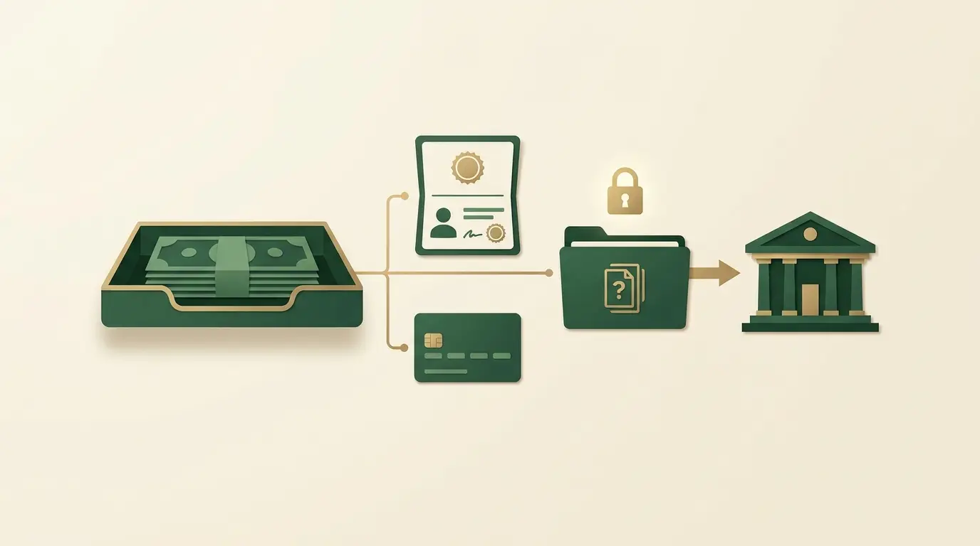 Withdrawal tray pauses beside identity document outline, bank card and source-of-funds folder, with a receiving bank beyond